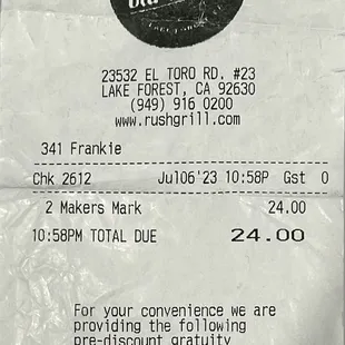 Here is the proof of being charged $24 for a double, when the bartender told me, it would be 2 to 3 dollars more. Total scam.