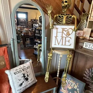 a skeleton sitting on a bench