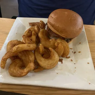 Cheeseburger and sidewinder fries