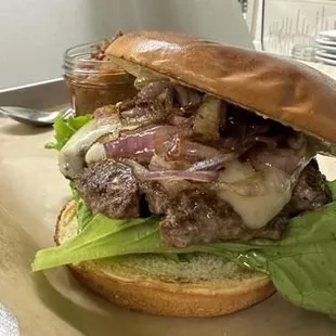 1/2lb Brisket burger with grilled onions added