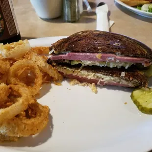 Reuben Sandwich wit a side of Onion Rings