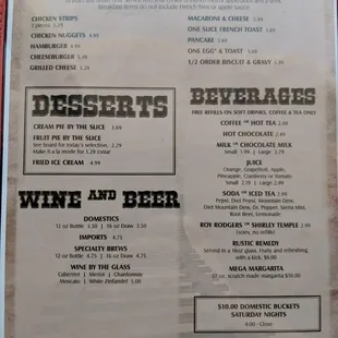 Kids Menu, Desserts &amp; Drinks