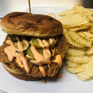 a burger and potato chips