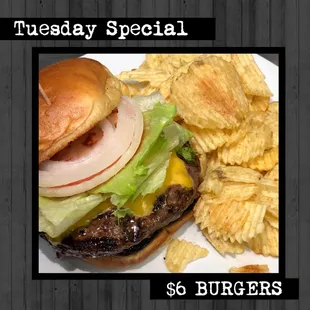 a burger and potato chips