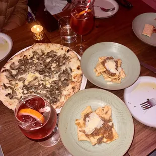 Mushroom pizza ($24) and Pappardelle Oxtail split on two plates ($24)