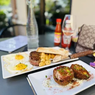 Scotch eggs, steak and eggs for breakfast.