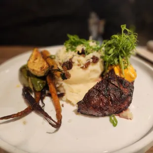 Wagyu steak with loaded mashed potatoes and veggies