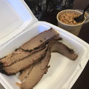 Three slices of brisket and some beans