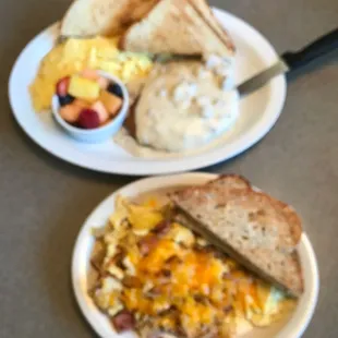 Country fried chicken (top) Farmer&apos;s Scramble (bottom)