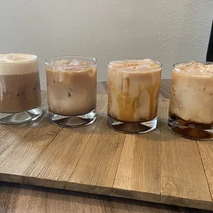 four glasses of iced coffee