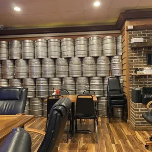 a wall of kegs