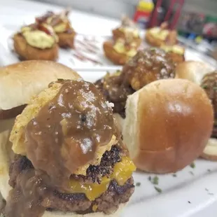 Meatloaf sliders with deep fried mashed potato ball and gravy