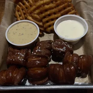 Mixing match appetizers, pretzel bites, and waffle fries