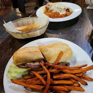 Eggplant Parmesan and Hot Italian Sub with Sweet Potato Fries