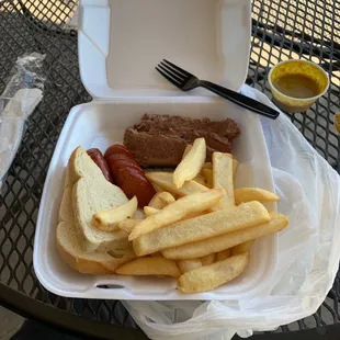 2 meat and a side... $18 w/tax (Brisket &amp; Sausage)