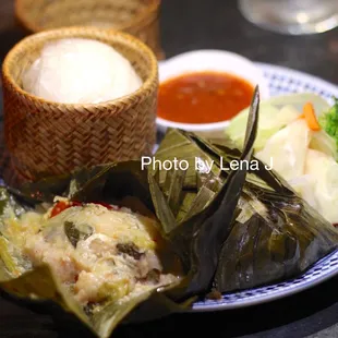Ho Mok Pla (Lao Style Steamed Catfish) ($22) - steamed catfish folded in banana leaves. Great! Very flavorful.