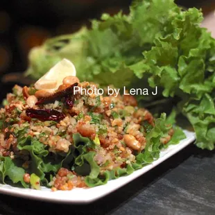 Kao Nam Tod (Rice Ball Salad) ($18) - fried rice balls mixed with preserved pork served with lettuce wraps. Delicious!