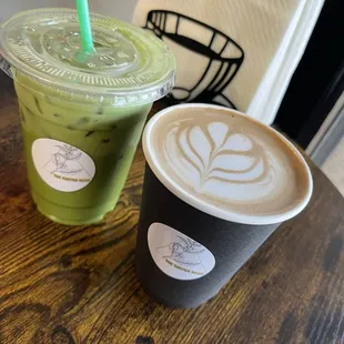 Iced Green Matcha Latte and Hot Mocha