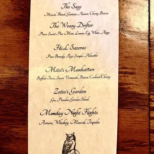 Menu speciality cocktails