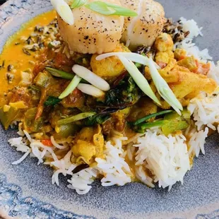 Seafood curry on the patio!