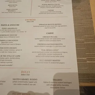 Pop up Prux Fixe menu