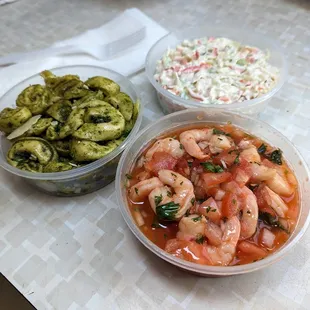 small salads $23, pesto ravioli, imitation crab salad and ceviche.