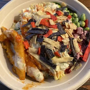 My salad creation with hot honey chicken and all the yummy things. Jalapeño ranch dressing is my fav