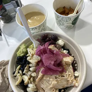my recent lunch of salad, potato soup, and roasted sweet potatoes