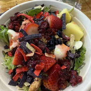 My creation ! Spring mix , with grilled chicken , cranberries, pineapples and tortilla chips ! Delicious!!!