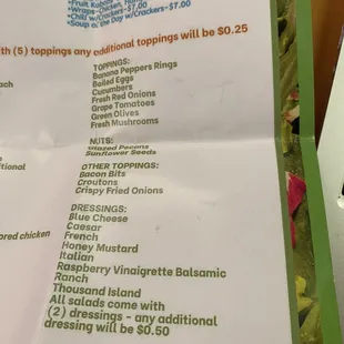 a menu for a salad