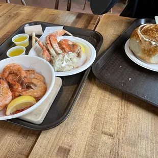 1/2 pound Shrimp, 1/2 Dungeness crab, clam chowder in a bread bowl.