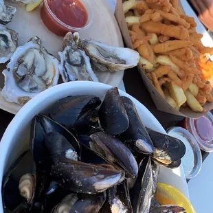 Raw oysters, sautéed mussels, clam &amp; chips