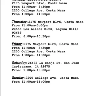 Here is our new updated weekly schedule along with the address!