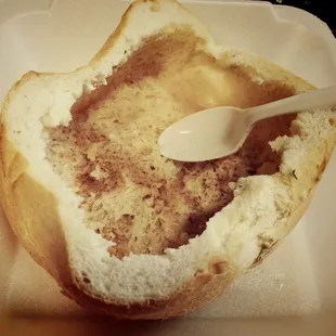 All that is left of my Chicken Noodle Soup with Andean Peanut Sauce...the Bread Bowl!
