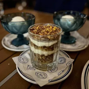 ALMOND LÉGÈRE AND GRANOLA PARFAIT olive oil cake, blood orange, coconut