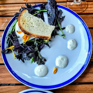 BURRATA AND MUSHROOMS: wild mushroom ragu, sourdough croutons, white asparagus.$18