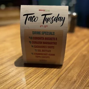 Taco Tuesday drink special menu.