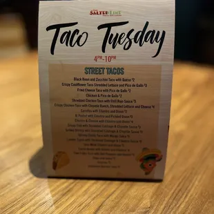 Taco Tuesday street tacos 4 PM to 10 PM menu.