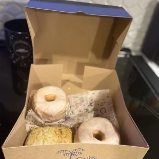 Traditional Glazed donuts and jalapeño cheddar biscuit