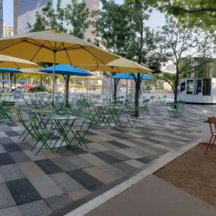 tables and umbrellas on the sidewalk