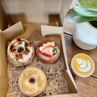 maple &amp; bacon, strawberry shortcake and vegan blueberry crumble!  vanilla cappuccino!