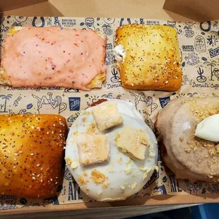 Everything Bagel &amp; Cream Cheese Puff, Strawberry Frosted Pop Tart, and 2 Brioche Donuts