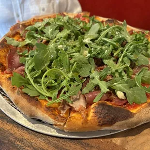 The Salty Pig Pizza (with tomato sauce to replace mustard creama because Matt doesn't like mustard or cream )