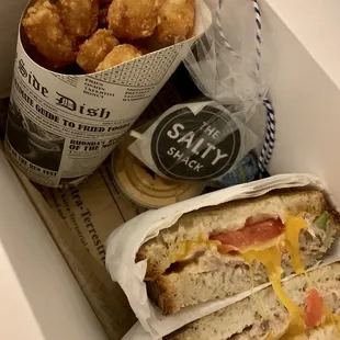 Shark Bait sandwich with tots