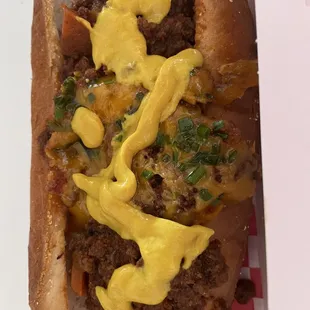 Chili cheese dog (mustard poorly added by me).