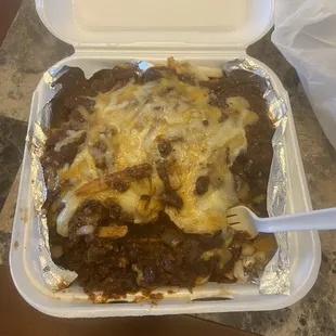 Chili cheese fries with turkey chili. Huge and delicious!