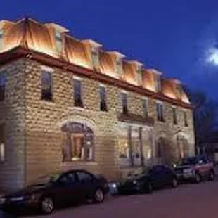 the front of the building at night