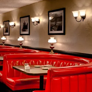 Red leather booths and vintage ambiance