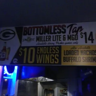 Bottomless Tap Beer n wings during Packers Games