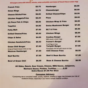 The menu as of 4/22/2019